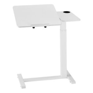 overbed table, mobile bed side table with flip desktop and 4 hidden wheels, height & angle adjustable rolling laptop desk with cup holder, portable over bed desk for home, office, study, white