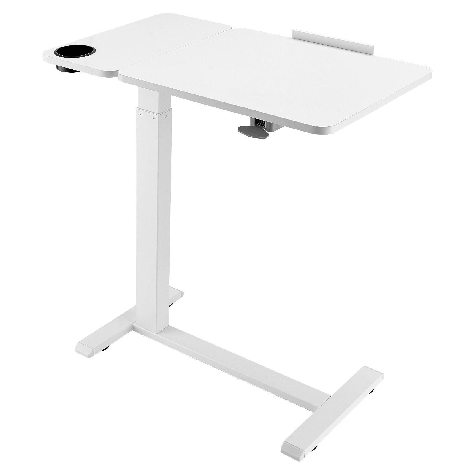 overbed table, mobile bed side table with flip desktop and 4 hidden wheels, height & angle adjustable rolling laptop desk with cup holder, portable over bed desk for home, office, study, white