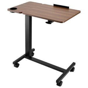 overbed table, mobile bed side table with flip desktop and 4 wheels, height & angle adjustable rolling laptop desk with cup holder, portable over bed desk for home, office, study, wood + black