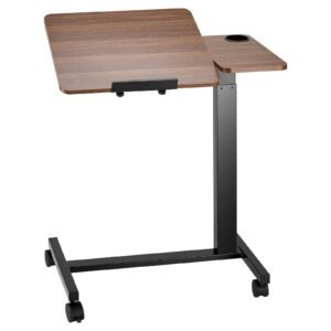 Overbed Table, Mobile Bed Side Table with Flip Desktop and 4 Wheels, Height & Angle Adjustable Rolling Laptop Desk with Cup Holder, Portable Over Bed Desk for Home, Office, Study, Wood + Black