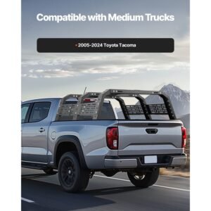 overland truck bed rack, 49.2 67.9 in width, adjustable overland bed cargo rack with sidebar, 900 lbs static capacity, heavy duty steel, for mid size trucks, compatible with tacoma/gladiator jt