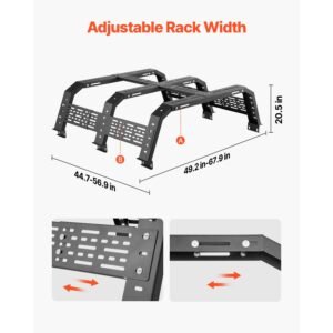overland truck bed rack, 49.2 67.9 in width, adjustable overland bed cargo rack with sidebar, 900 lbs static capacity, heavy duty steel, for mid size trucks, compatible with tacoma/gladiator jt