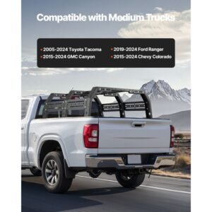 overland truck bed rack, 51.2 65.4 in width, adjustable overland bed cargo rack with sidebar, 900 lbs static capacity, compatible with mid size trucks tacoma/ranger/gladiator jt/colorado/canyon