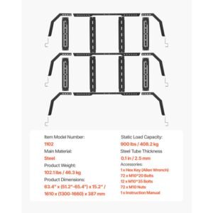 overland truck bed rack, 51.2 65.4 in width, adjustable overland bed cargo rack with sidebar, 900 lbs static capacity, compatible with mid size trucks tacoma/ranger/gladiator jt/colorado/canyon