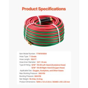 oxygen acetylene hose, 1/4 in x 100ft oxy acetylene hose with 9/16" 18 b fitting, 300psi t grade welding cutting torch twin hose, compatible with oxygen, acetylene, propane and other fuel gases
