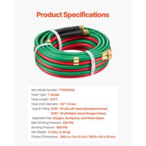 oxygen acetylene hose, 1/4 inch x 25ft oxy acetylene hose with 9/16" 18 b fitting, 300psi t grade welding cutting torch twin hose, compatible with oxygen, acetylene, propane and other fuel gases