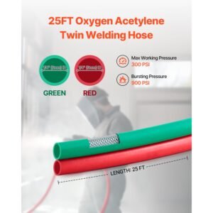 oxygen acetylene hose, 1/4 inch x 25ft oxy acetylene hose with 9/16" 18 lh/rh b fittings, r grade welding torch twin hose with 300psi maximum working pressure for cutting soldering brazing