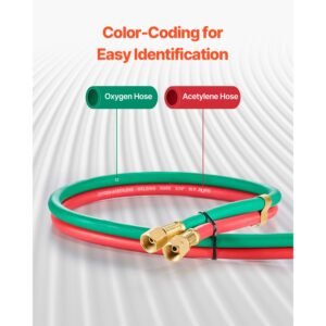 oxygen acetylene hose, 1/4 inch x 25ft oxy acetylene hose with 9/16" 18 lh/rh b fittings, r grade welding torch twin hose with 300psi maximum working pressure for cutting soldering brazing