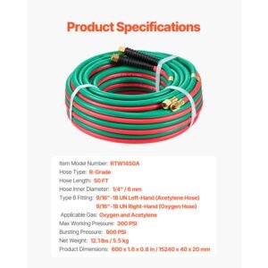 oxygen acetylene hose, 1/4 inch x 50ft oxy acetylene hose with 9/16" 18 lh/rh b fittings, r grade welding torch twin hose with 300psi maximum working pressure for cutting soldering brazing