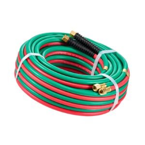 oxygen acetylene hose, 1/4 inch x 50ft oxy acetylene hose with 9/16" 18 lh/rh b fittings, r grade welding torch twin hose with 300psi maximum working pressure for cutting soldering brazing