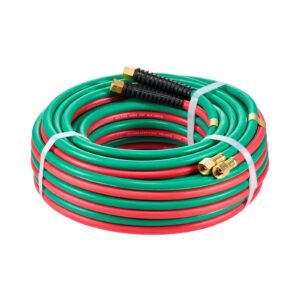 oxygen acetylene hose, 1/4 inch x 50ft oxy acetylene hose with 9/16" 18 lh/rh b fittings, r grade welding torch twin hose with 300psi maximum working pressure for cutting soldering brazing