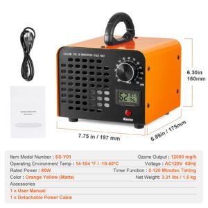 ozone generator, 12000mg/h ozone machine remover, high capacity commercial/industrial ozone generator machine, home air ionizers deodorizer with 0 120 min time setting for rooms, cars, pets