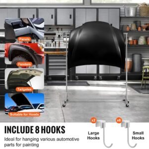 painting rack, 5 ft 7 ft adjustable height, 66 lbs capacity automotive paint rack stand, 8 hooks painting drying rack with 4 swiveling wheels, auto body stand for auto repair shops & garage