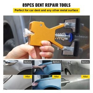 paintless dent removal rods, 89 pcs paintless dent repair tools, golden lifter puller car dent repair kit, glue puller tabs dent puller kit for auto dent removal, minor dents, door dings