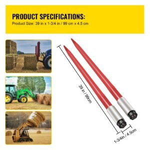 pair hay spear 39" bale spear 3000 lbs capacity, bale spike quick attach square hay bale spears 1 3/4", red coated bale forks, bale hay spike with hex nut & sleeve for buckets tractors loaders