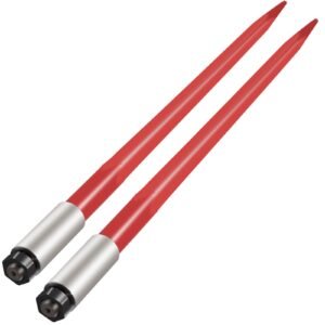 pair hay spear 39" bale spear 3000 lbs capacity, bale spike quick attach square hay bale spears 1 3/4", red coated bale forks, bale hay spike with hex nut & sleeve for buckets tractors loaders