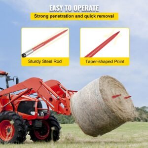 pair hay spear 43" bale spear 3000 lbs capacity, bale spike quick attach square hay bale spears 1 3/4", red coated bale forks, bale hay spike with hex nut & sleeve for buckets tractors loaders