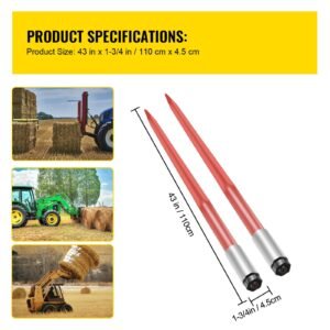 pair hay spear 43" bale spear 3000 lbs capacity, bale spike quick attach square hay bale spears 1 3/4", red coated bale forks, bale hay spike with hex nut & sleeve for buckets tractors loaders