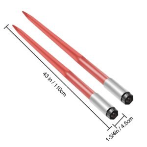 pair hay spear 43" bale spear 3000 lbs capacity, bale spike quick attach square hay bale spears 1 3/4", red coated bale forks, bale hay spike with hex nut & sleeve for buckets tractors loaders