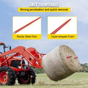 pair hay spear 49" bale spear 3000 lbs capacity, bale spike quick attach square hay bale spears 1 3/4", red coated bale forks, bale hay spike with hex nut & sleeve for buckets tractors loaders