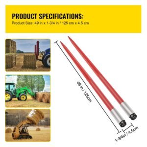 pair hay spear 49" bale spear 3000 lbs capacity, bale spike quick attach square hay bale spears 1 3/4", red coated bale forks, bale hay spike with hex nut & sleeve for buckets tractors loaders
