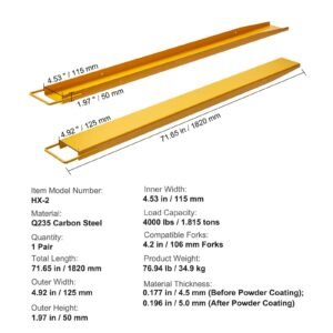 pallet fork extensions, 72" length 4.5" width, heavy duty carbon steel fork extensions for forklifts, 1 pair forklift extensions, industrial forklift fork attachments for forklift truck, yellow