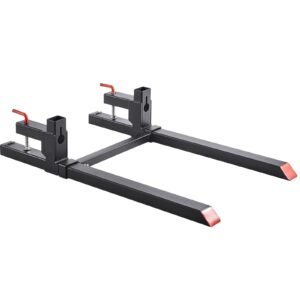 pallet forks, 2000 lbs clamp on pallet forks, 43 inch total length heavy duty tractor fork with adjustable stabilizer bar for tractor attachments, loader bucket, and skid steer, black