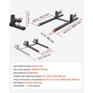 pallet forks, 2000 lbs clamp on pallet forks, 43 inch total length heavy duty tractor fork with adjustable stabilizer bar for tractor attachments, loader bucket, and skid steer, black