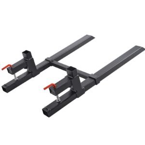 pallet forks, 2000 lbs clamp on pallet forks, 43 inch total length heavy duty tractor fork with adjustable stabilizer bar for tractor attachments, loader bucket, and skid steer, black