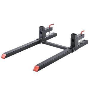 pallet forks, 2000 lbs clamp on pallet forks, 43 inch total length heavy duty tractor fork with adjustable stabilizer bar for tractor attachments, loader bucket, and skid steer, black