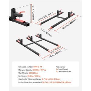 pallet forks, 2000 lbs clamp on pallet forks, 60 inch total length heavy duty tractor fork with adjustable stabilizer bar for tractor attachments, loader bucket, and skid steer, black