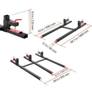 pallet forks, 2000 lbs clamp on pallet forks, 60 inch total length heavy duty tractor fork with adjustable stabilizer bar for tractor attachments, loader bucket, and skid steer, black