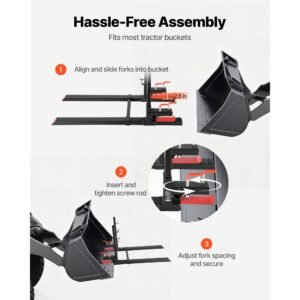 pallet forks, 4000 lbs clamp on pallet forks, 60 inch total length heavy duty tractor fork with anti tilt bar & adjustable stabilizer bar, fit for loader bucket skid steer tractor, black