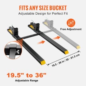 pallet forks, 4000 lbs clamp on pallet forks, 60" total length heavy duty pallet forks with adjustable stabilizer bar, tractor bucket forks for tractor attachments, skid steer, loader bucket