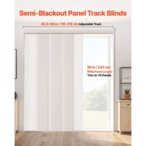panel track blinds, extendable track from 45.8 in to 86 in w, trimmable panel curtains up to 96 in h, adjustable vertical panel blinds for sliding doors, patio doors, room divider, light brown