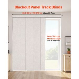 panel track blinds, extendable track from 45.8 in to 86 in w, trimmable panel curtains up to 96 in h, vertical blackout panel blinds for sliding doors, patio doors, room divider, light gray