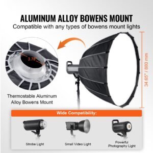 parabolic softbox, 33 in / 850 mm, quick release and quick fold, lightweight and portable, universal bowens mount, 4 lighting effects, fits for professionoal photography, daily filming