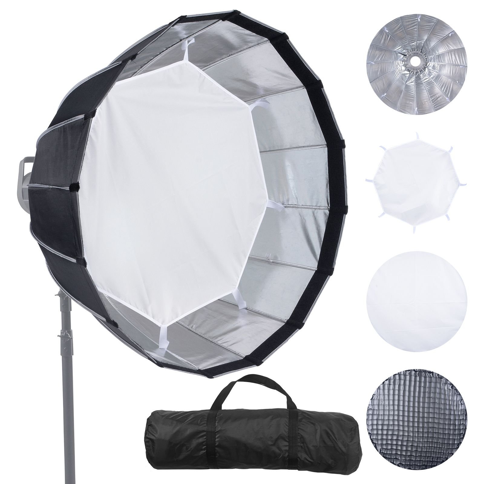 parabolic softbox, 33 in / 850 mm, quick release and quick fold, lightweight and portable, universal bowens mount, 4 lighting effects, fits for professionoal photography, daily filming