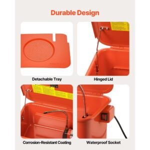 parts washer 5 gallon, 3.5 gallon solvent capacity, 0.4 gallon per minute max pump output, portable steel automotive parts cleaner with electric pump for wheel bearings, gears, and carburetors
