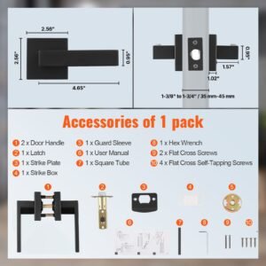 passage door handle, 1 pack matte black door lever, left or right handing reversible lever non locking, 45° rotation to open, universal square interior for hallways, closets, meeting spaces