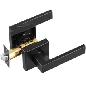 passage door handle, 1 pack matte black door lever, left or right handing reversible lever non locking, 45° rotation to open, universal square interior for hallways, closets, meeting spaces