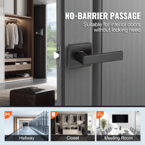 passage door handle, 6 pack matte black door lever, left or right handing reversible lever non locking, 45° rotation to open, universal square interior for hallways, closets, meeting spaces