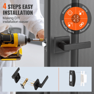 passage door handle, 6 pack matte black door lever, left or right handing reversible lever non locking, 45° rotation to open, universal square interior for hallways, closets, meeting spaces