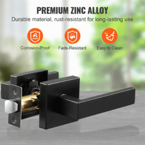 passage door handle, 6 pack matte black door lever, left or right handing reversible lever non locking, 45° rotation to open, universal square interior for hallways, closets, meeting spaces