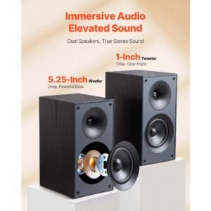 passive bookshelf speaker, 300w, book shelf stereo speakers with 5.25 inch woofer and 1 inch tweeter, detachable grille, 65hz 20khz frequency response, wooden enclosure (1 pair)