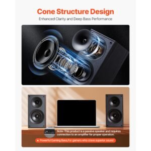 passive bookshelf speaker, 300w, book shelf stereo speakers with 5.25 inch woofer and 1 inch tweeter, detachable grille, 65hz 20khz frequency response, wooden enclosure (1 pair)