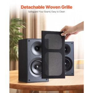 passive bookshelf speaker, 300w, book shelf stereo speakers with 5.25 inch woofer and 1 inch tweeter, detachable grille, 65hz 20khz frequency response, wooden enclosure (1 pair)