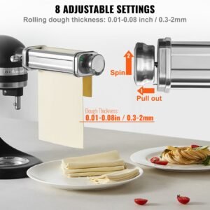 pasta attachment for kitchenaid stand mixer, stainless steel pasta roller cutter set including pasta sheet roller, spaghetti and fettuccine cutter, 8 adjustable thickness knob pasta maker, 3pcs