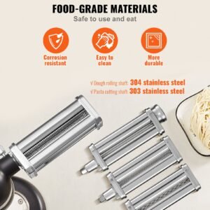 pasta attachment for kitchenaid stand mixer, stainless steel pasta roller cutter set including pasta sheet roller, spaghetti and fettuccine cutter, 8 adjustable thickness knob pasta maker, 3pcs