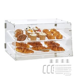 pastry display case, 2 tier commercial countertop bakery display case, acrylic display box with rear door access & removable shelves, keep fresh for donut bagels cake cookie, 20.7"x13.2"x11.9"